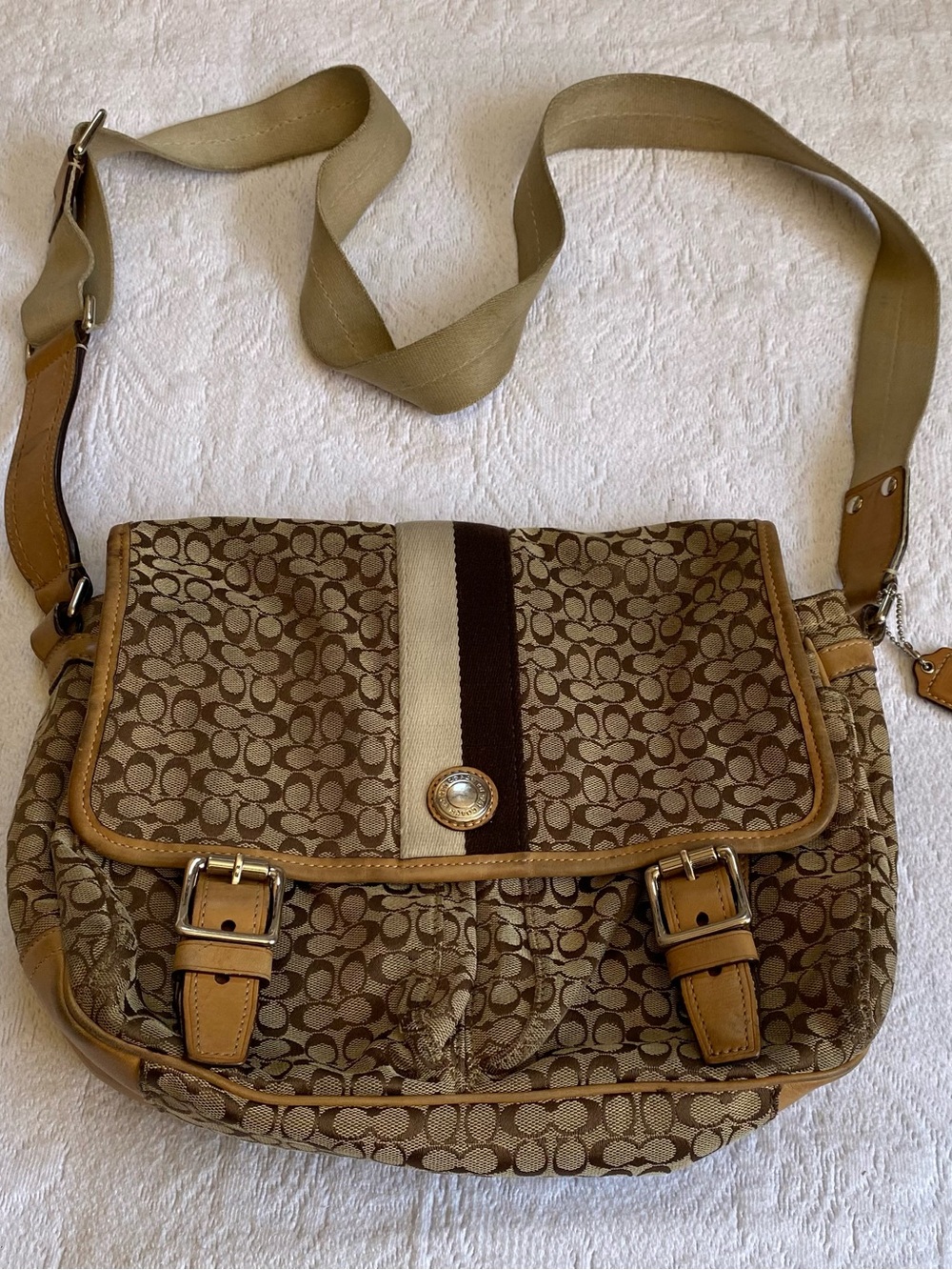 Vintage Coach Purse Signature Brown Tan Canvas & Leather Voyager Messenger Bag